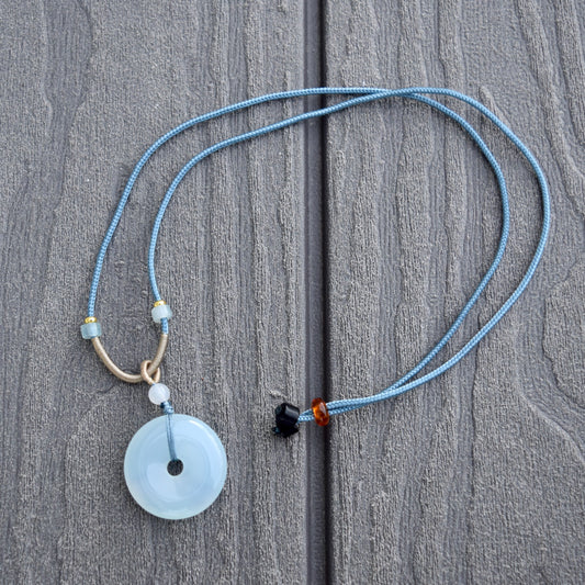 Blue Agate Peace Buckle Donut Necklace - 平安扣