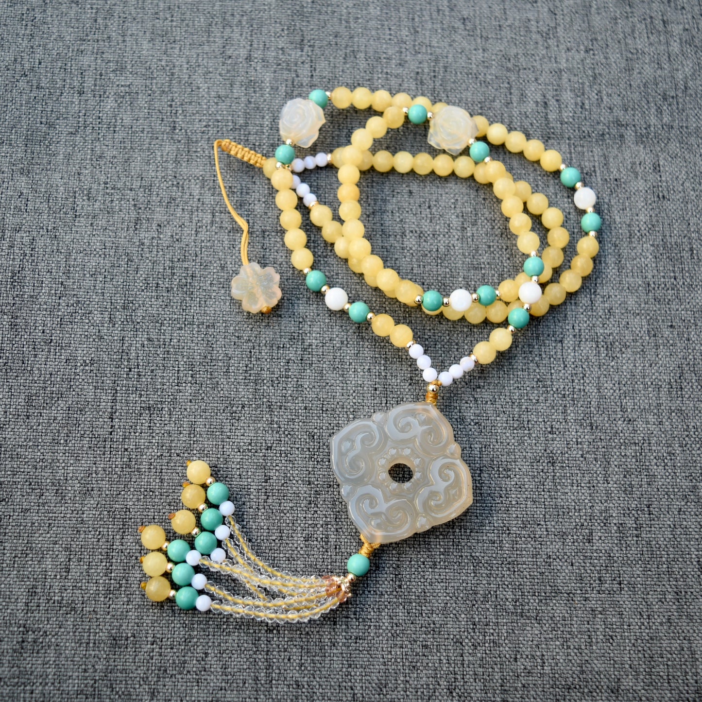 Agate Ruyi Flower Charm Yellow Jade Necklace