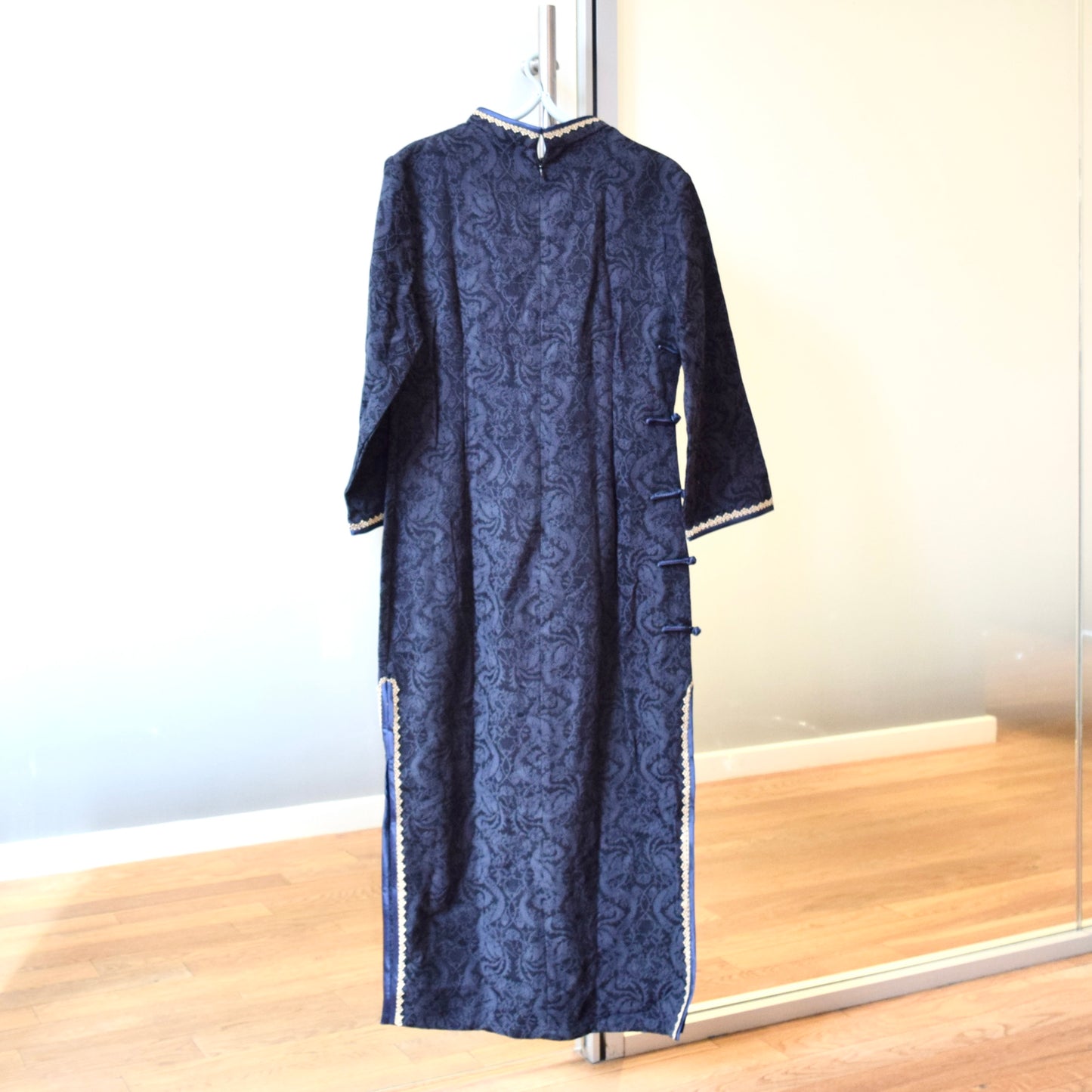 Navy Blue Flora Lace Qipao Midi Dress - Chinese Cheongsam