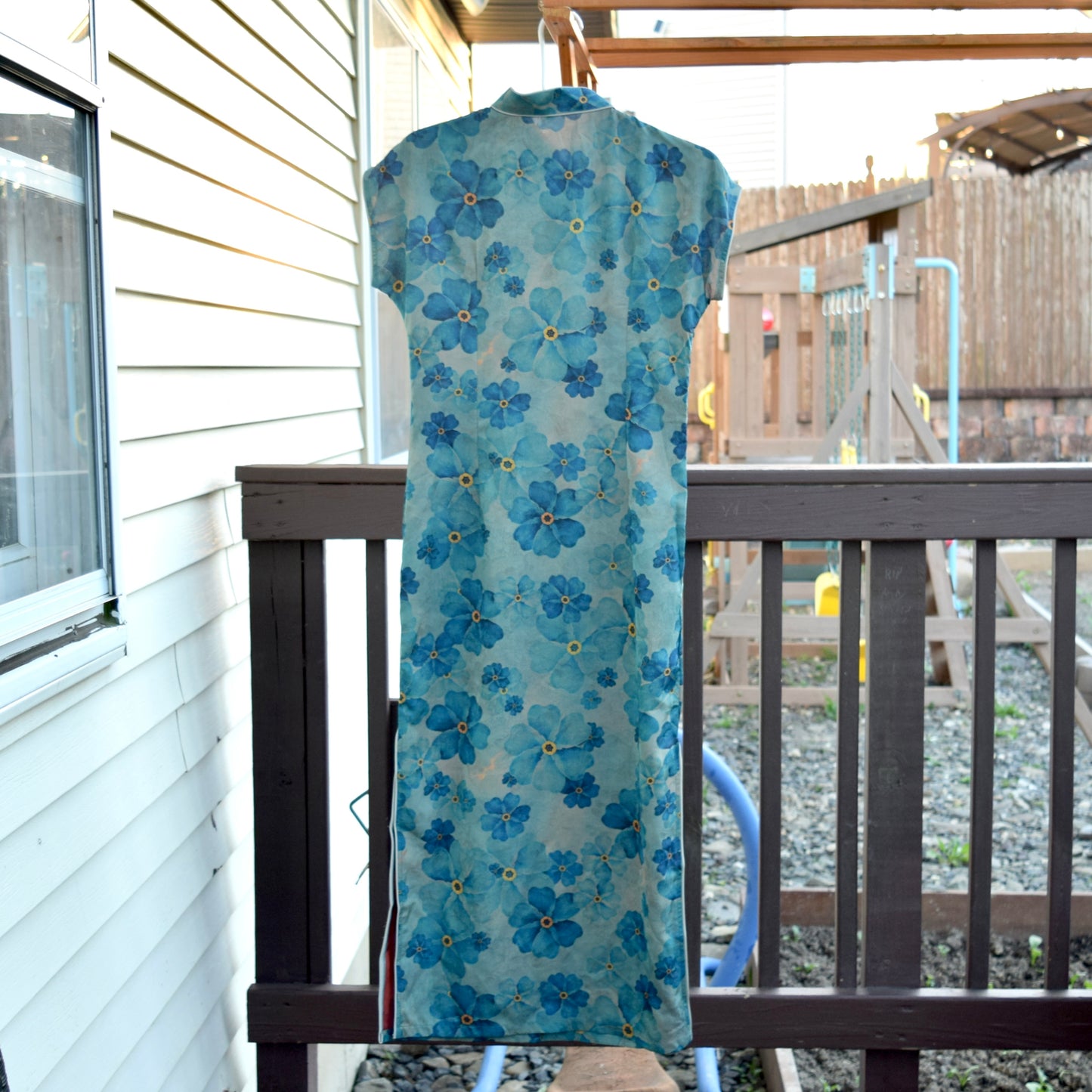 Blue Green Flower Printed Qipao Long Dress - Chinese Traditional Cheongsam