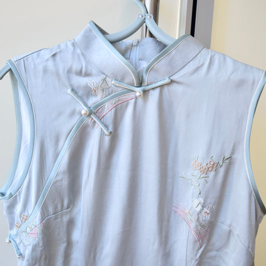 Blue Flora Rabbit Embroidered Qipao Sleeveless Dress - Chinese Cheongsam
