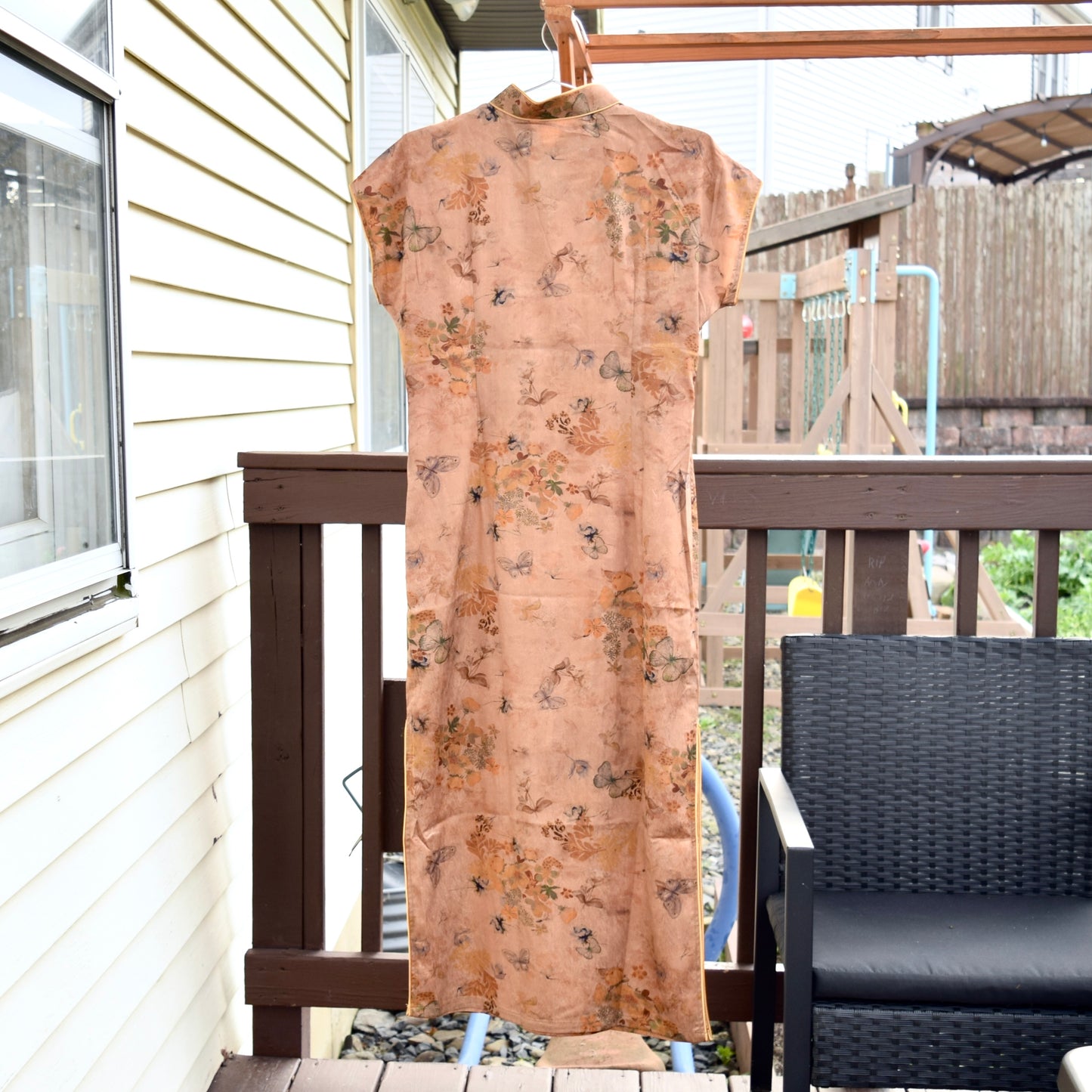Brown Butterfly Printed Qipao Long Dress - Chinese Traditional Cheongsam