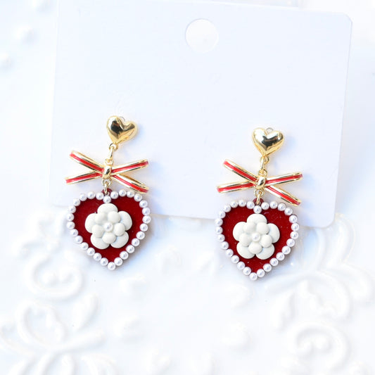 Red Heart White Camellia Earrings