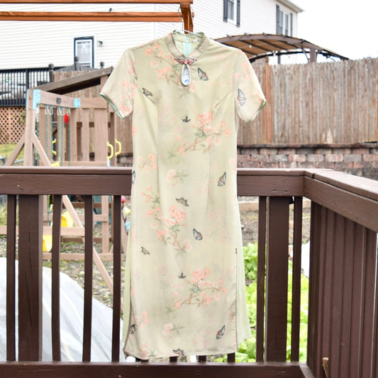 Green Butterfly Mesh Aodai Qipao Dress - Chinese Traditional Cheongsam