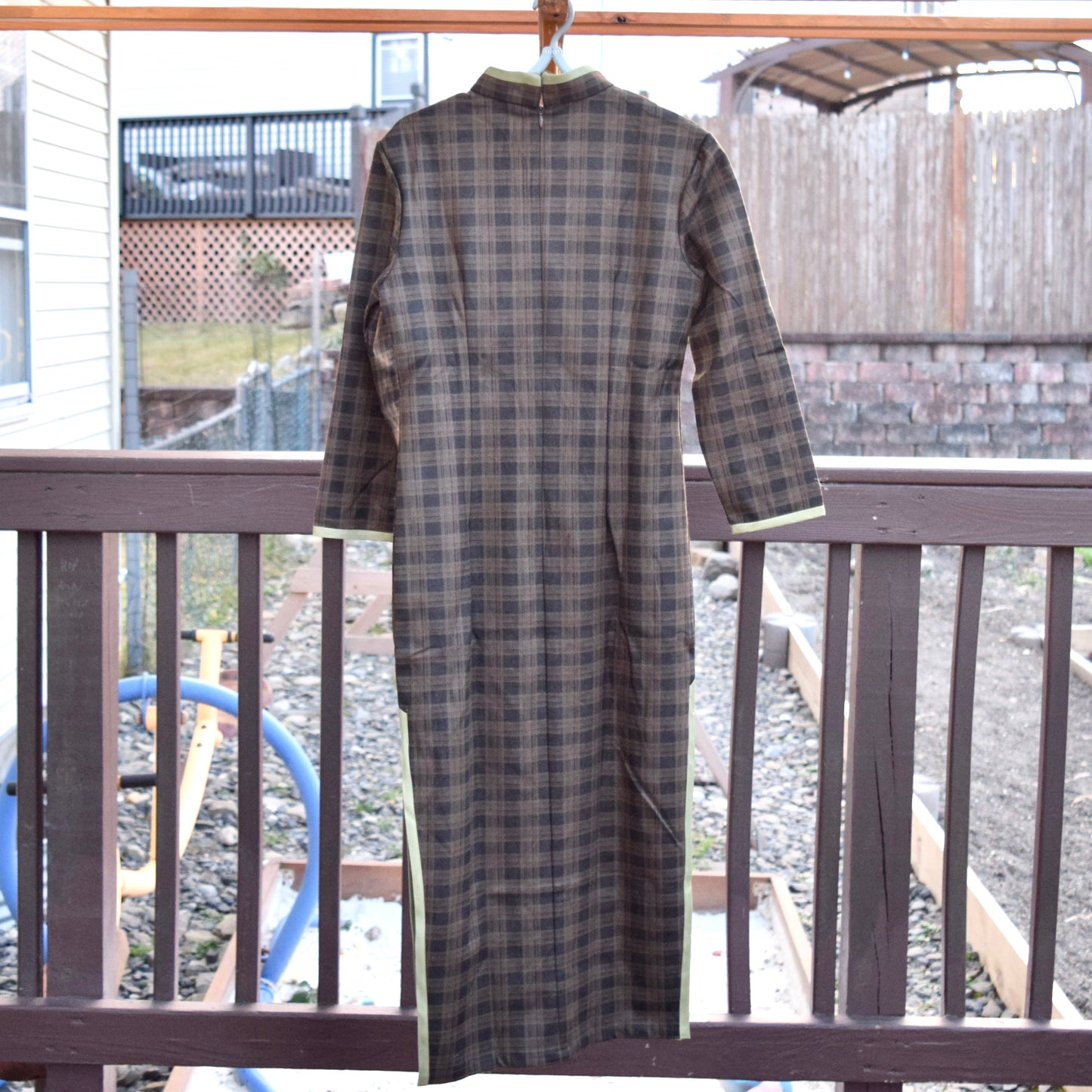 Brown Green Plaid Qipao Midi Dress - Chinese Traditional Cheongsam