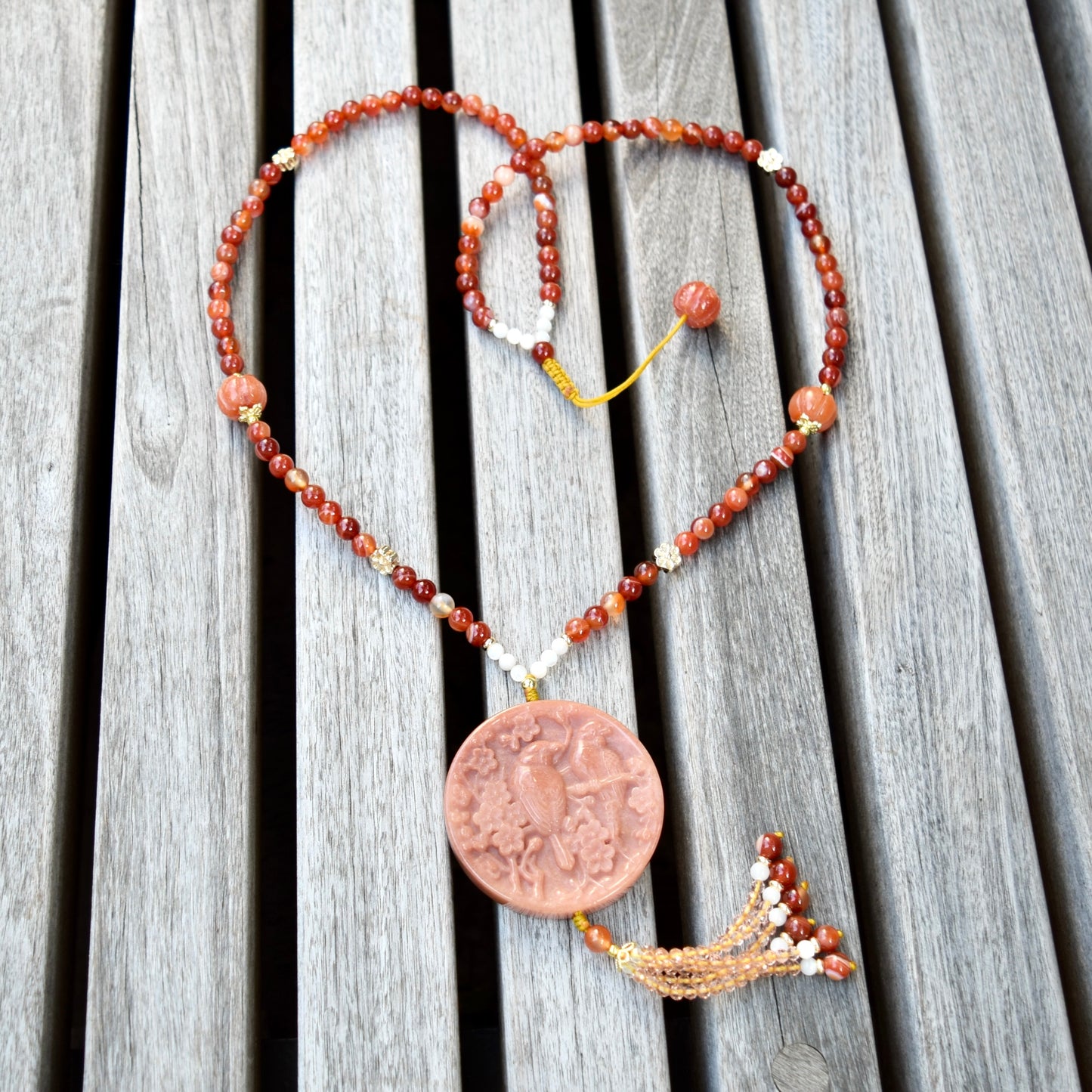 Magpies Plum Blossom Necklace - Orange Red Jade Stone Necklace