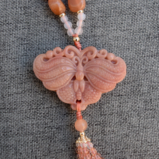 Orange Jade Butterfly Tassel Necklace - Moonstone Beaded