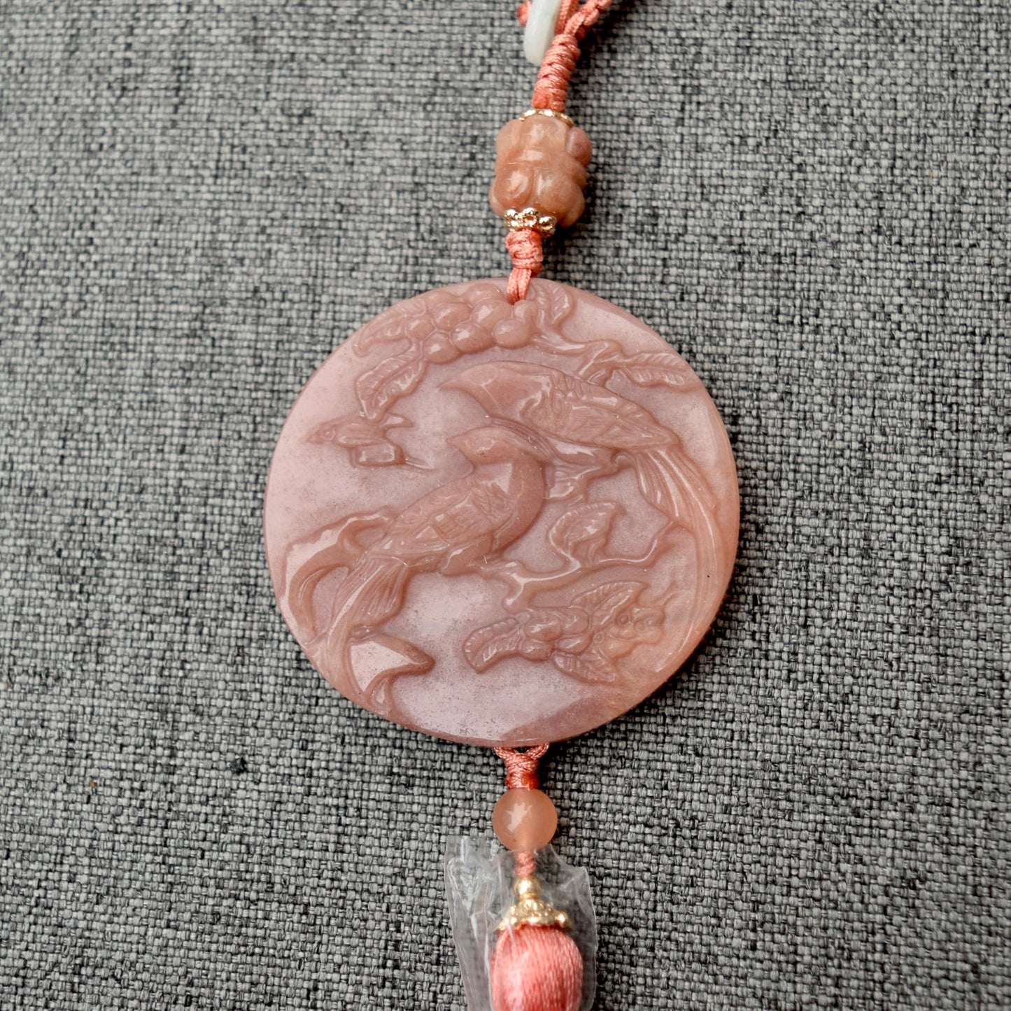 Pink Deer Flora Bird Bag Charm Keychain - Tassel Hanging Ornament - Jade Stone