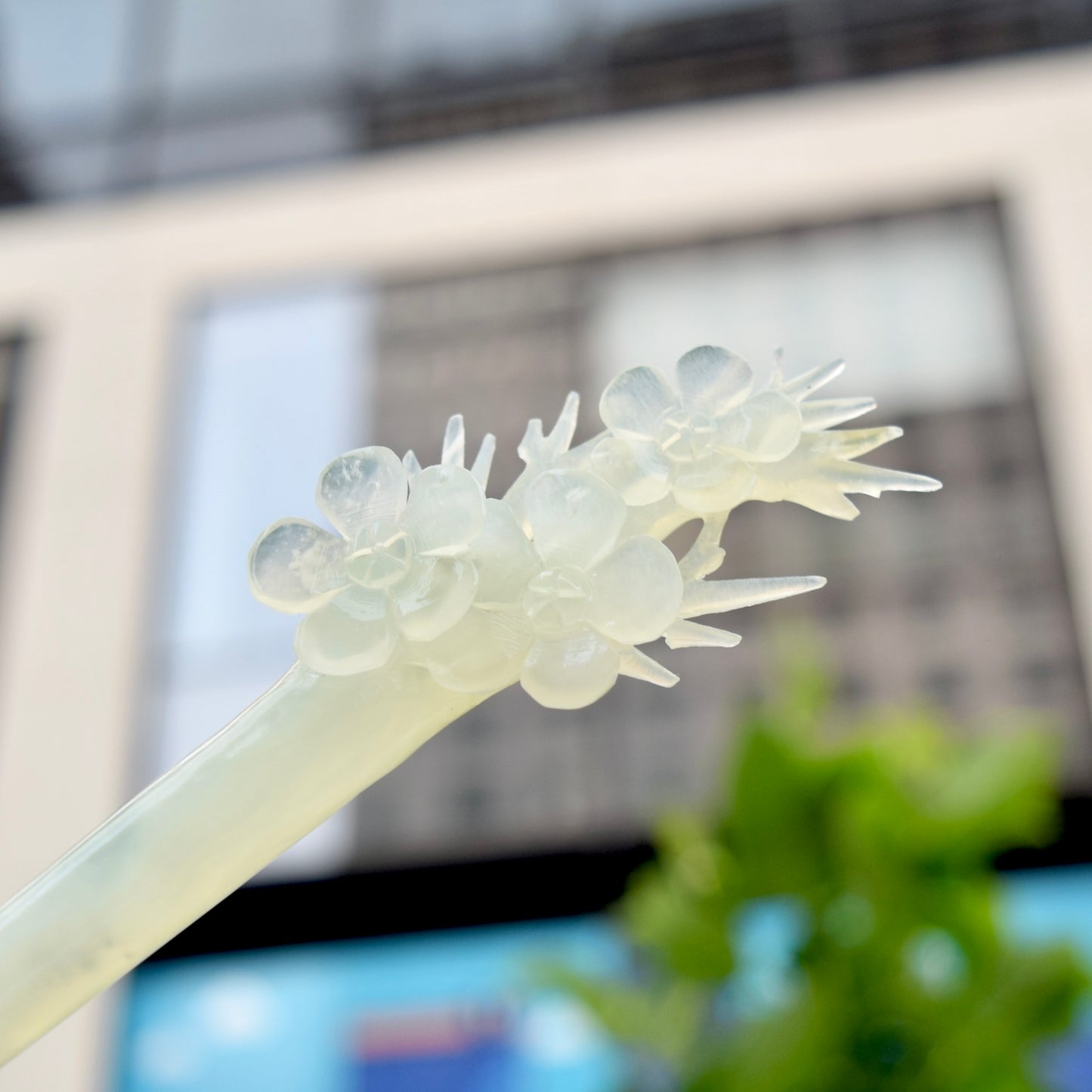 Green Icy Plum Blossom Carved Hairpin - Serpentine Jade Hair Stick