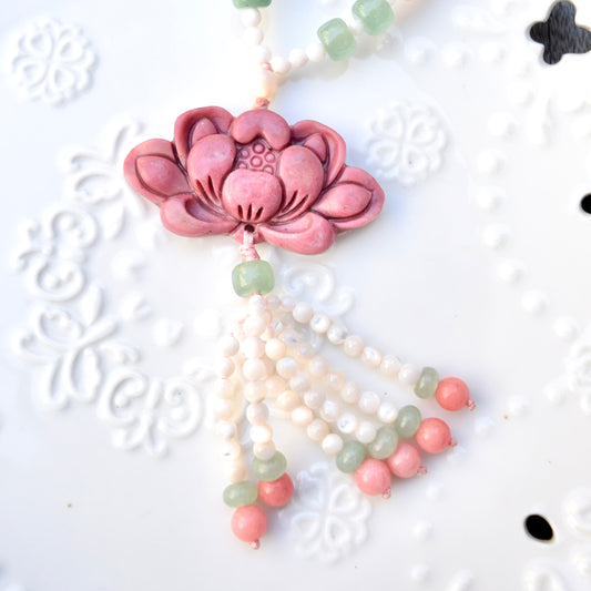 Pink Lotus Pendant Shell Necklace - Pink Marble Stone (Wood Like) 紅木紋石