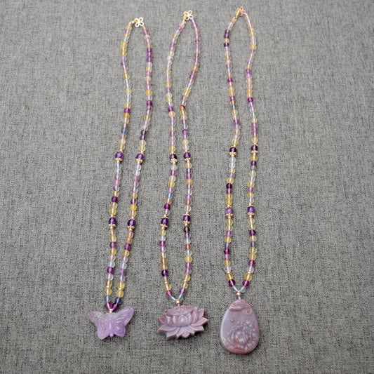 Purple Butterfly Lotus Peony Pendant Necklace - Fluorite Beaded Necklace