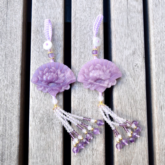 Purple Peony Fan Tassel Keychain Bag Charm - Lepidolite