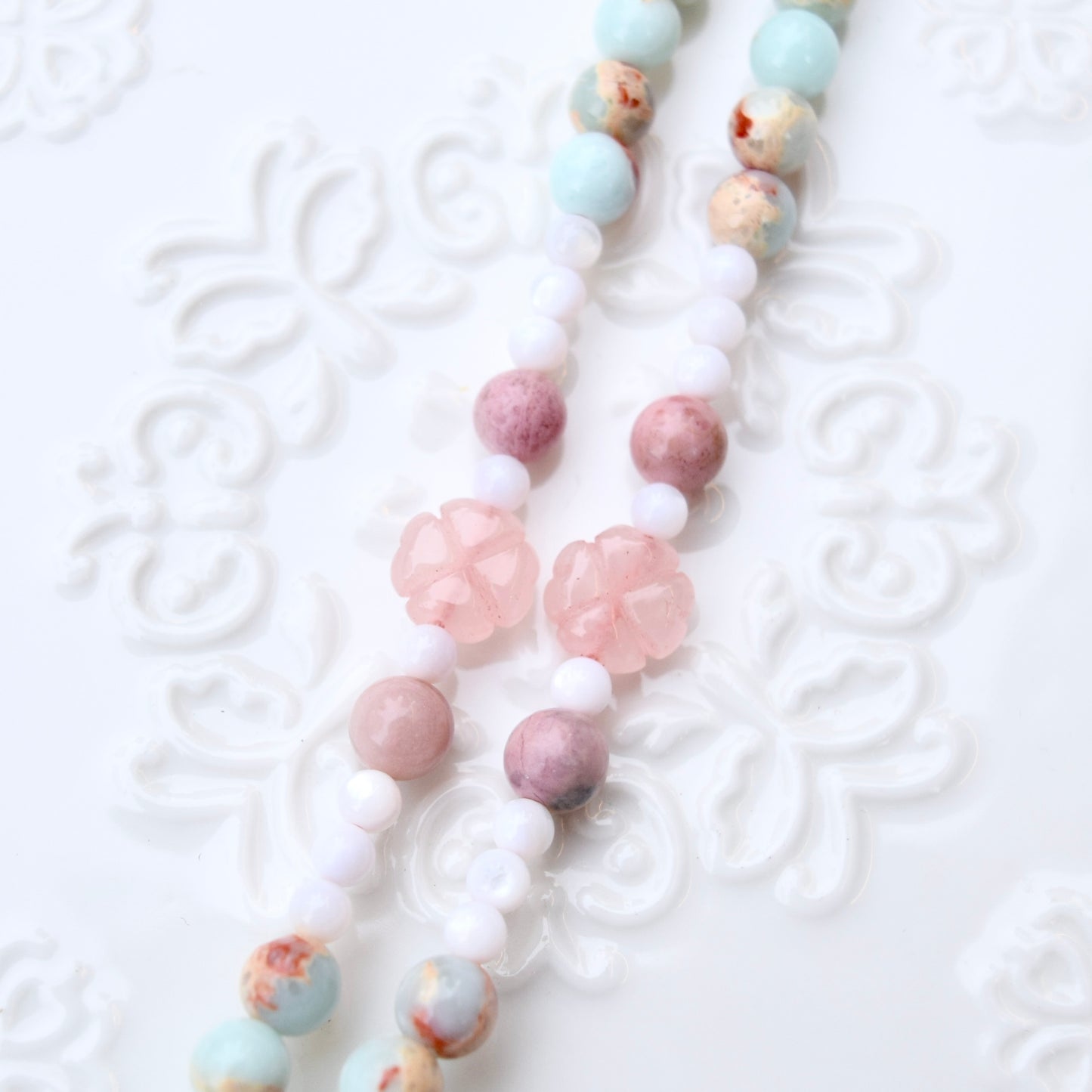 Pink Flower Pendant Necklace - Pink Marble Stone & Shoushan Style