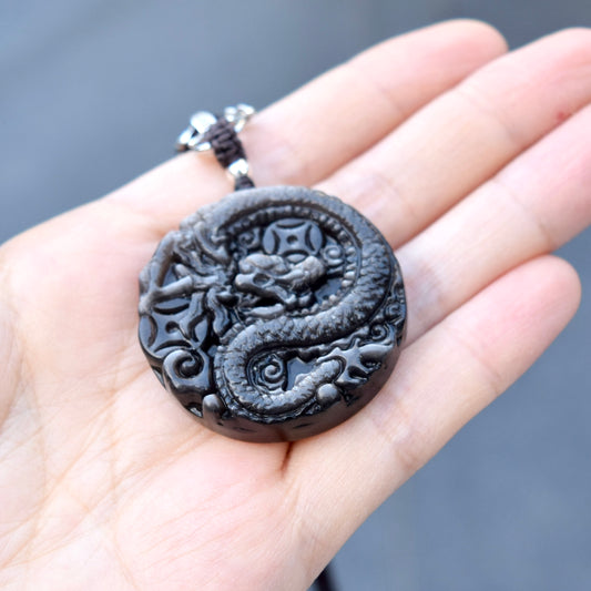 Obsidian Dragon Pendant Necklace - Chinese Zodiac Rope Necklace