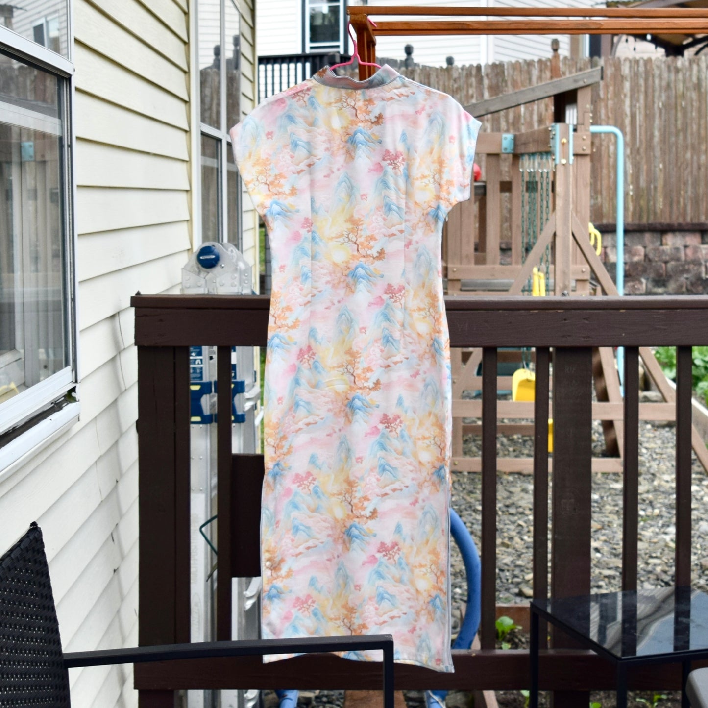 Pink Landscape Printed Qipao Long Dress - Chinese Traditional Cheongsam