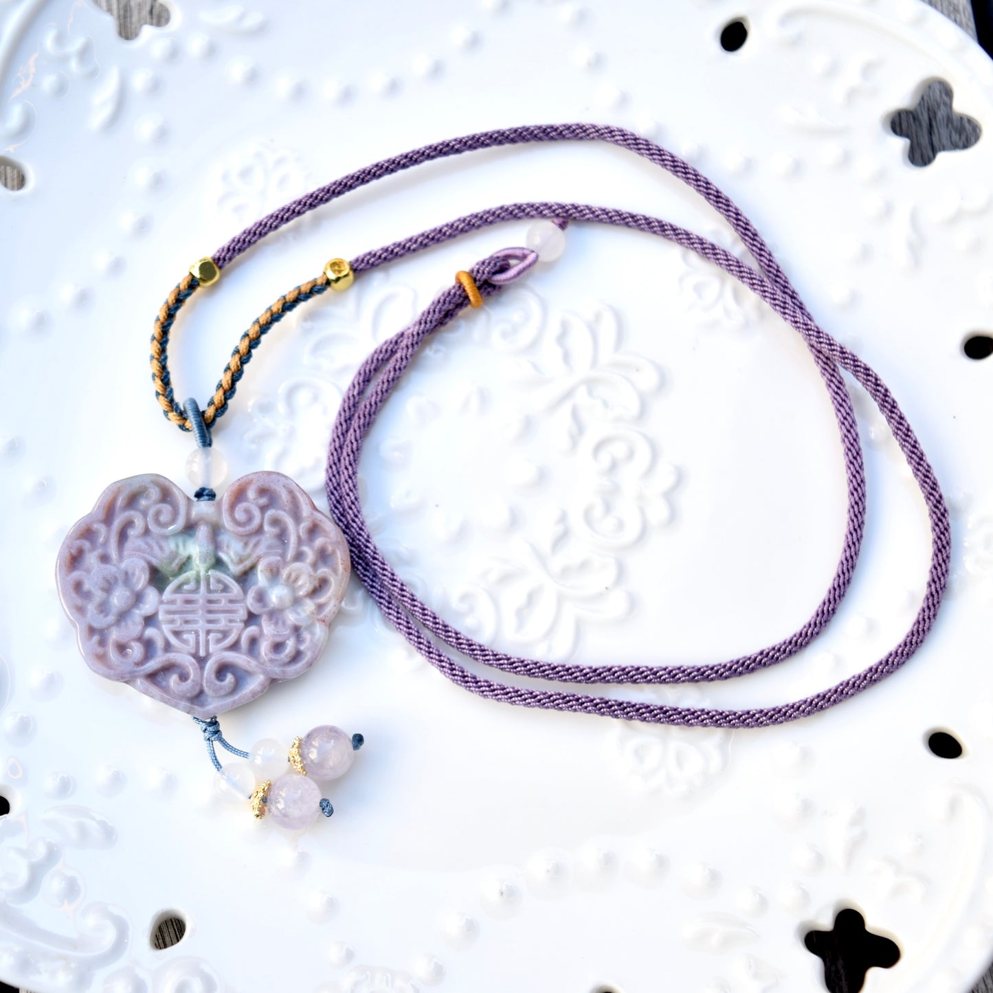 Purple Flora Lock Pendant Rope Necklace - Ocean Jasper Quartz Jade