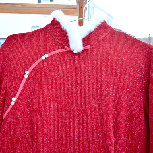 Red Flora Embroidered Fleece Faux Fur Qipao Midi A Line Dress - Chinese Cheongsam