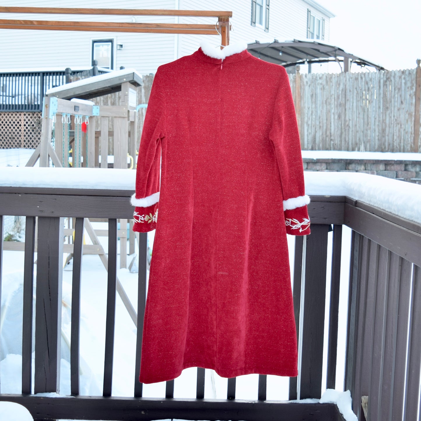 Red Flora Embroidered Fleece Faux Fur Qipao Midi A Line Dress - Chinese Cheongsam