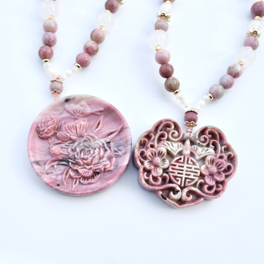 Pink Peony Lock Beaded Necklace - Rhodonite