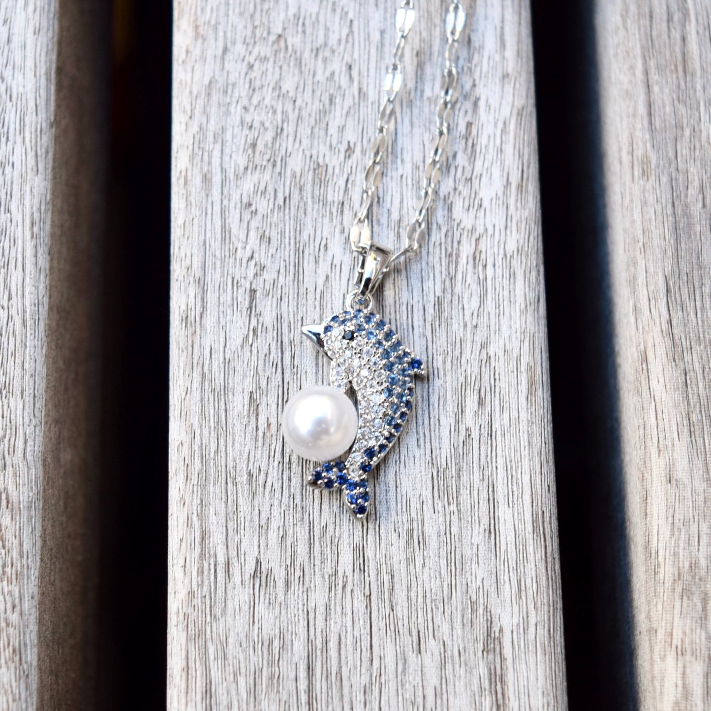 Blue Crystal Dolphin Charm Silver Necklace - Stainless Steel