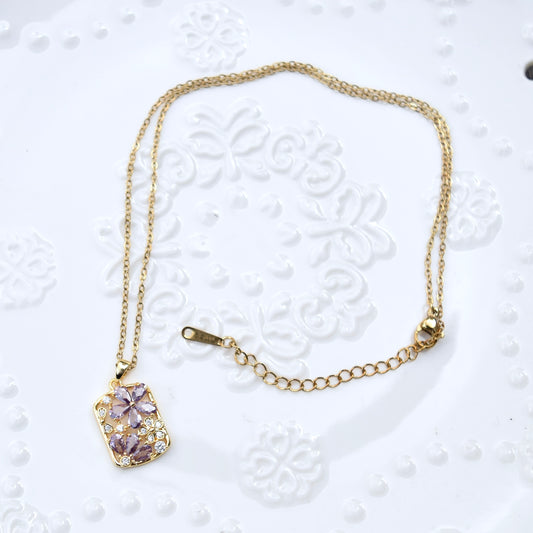 Purple Crystal Flower Charm Golden Necklace - Stainless Steel