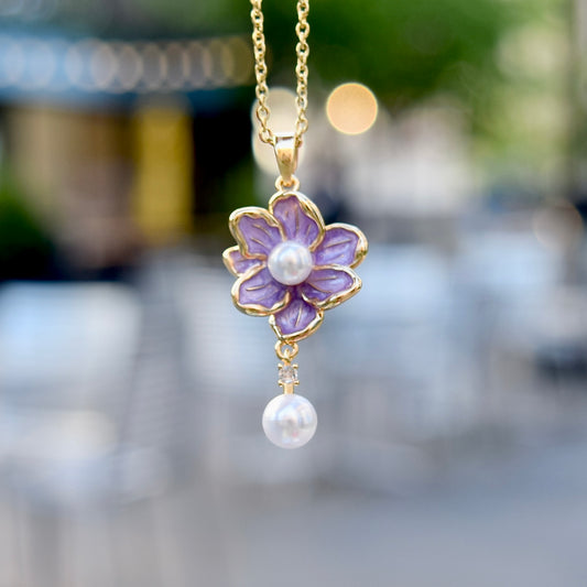 Pink Purple Flower Butterfly Charm Necklace - Stainless Steel Chain