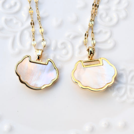 Lotus Enamel Ruyi Lock Necklace – White Shell Pendant