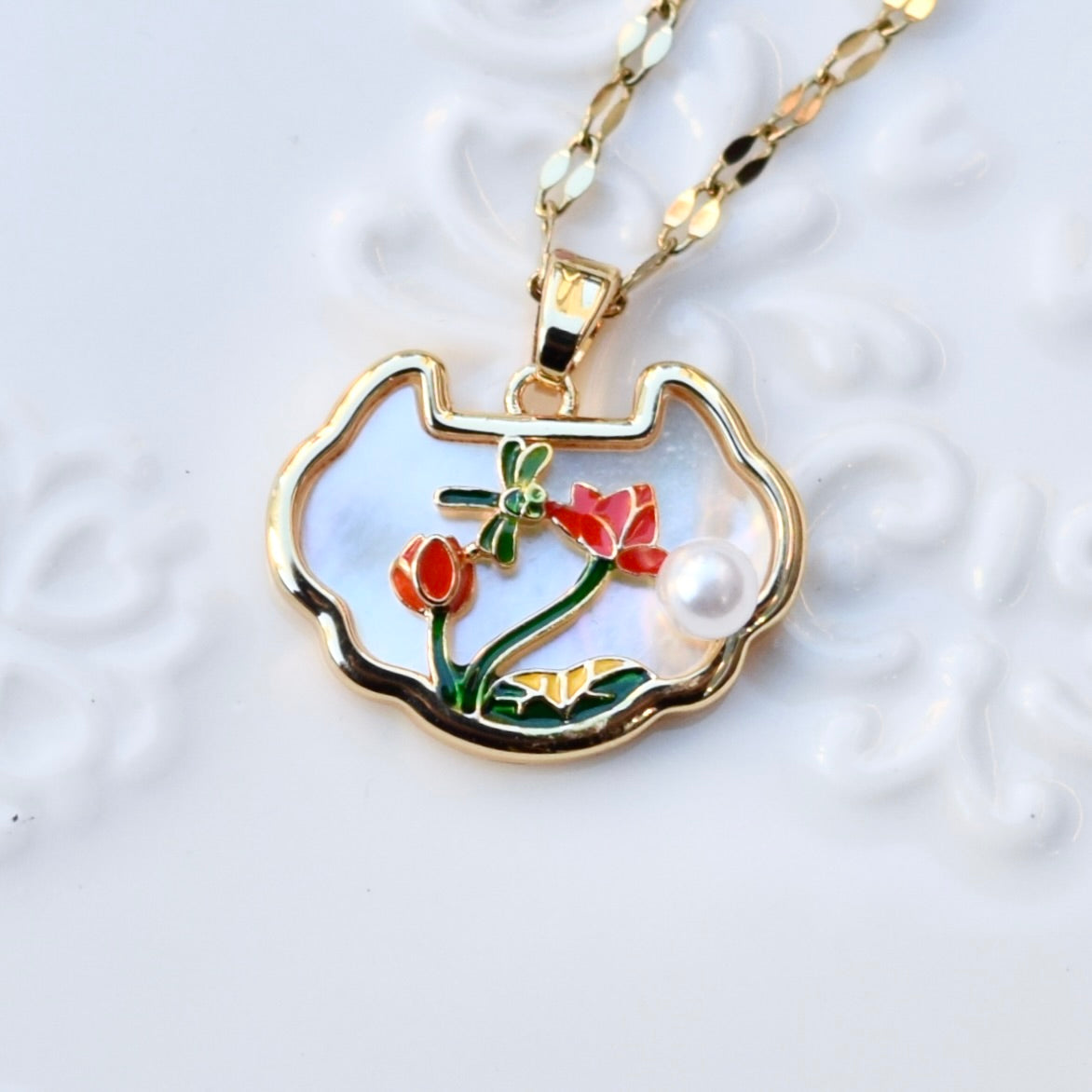 Lotus Enamel Ruyi Lock Necklace – White Shell Pendant