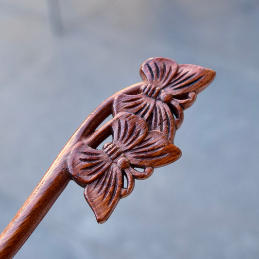Couple Butterfly Double Sided Carved Wood Hair Stick - Chinese Hairpin