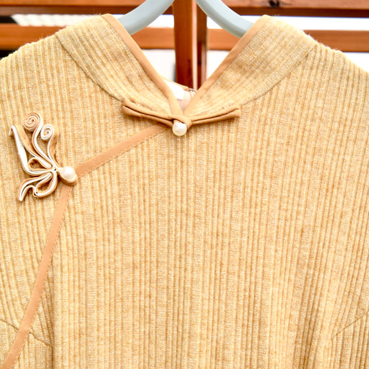 Yellow Flora Button Knitted Stretchy Qipao Midi Dress - Chinese Cheongsam