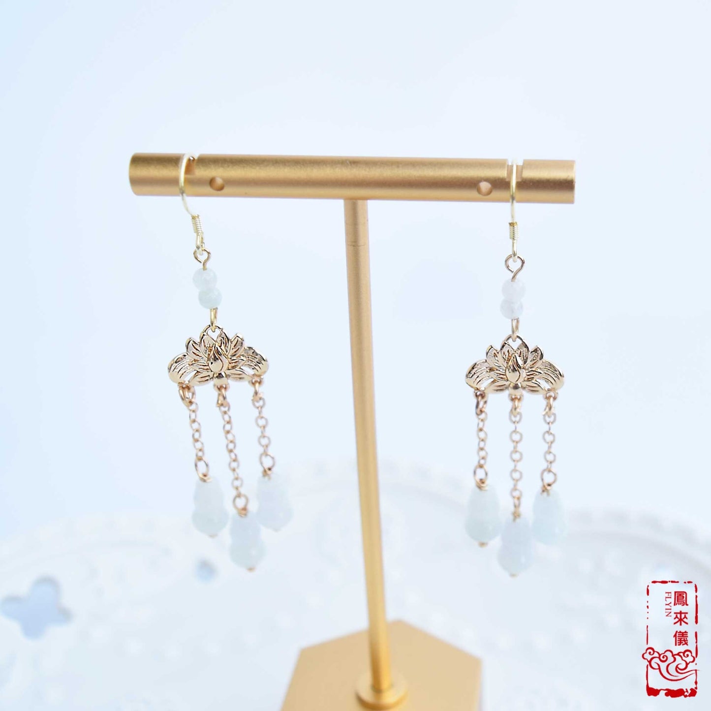 Jade Gourd Dangle Earrings: Gold Lotus, Chinese Blessing