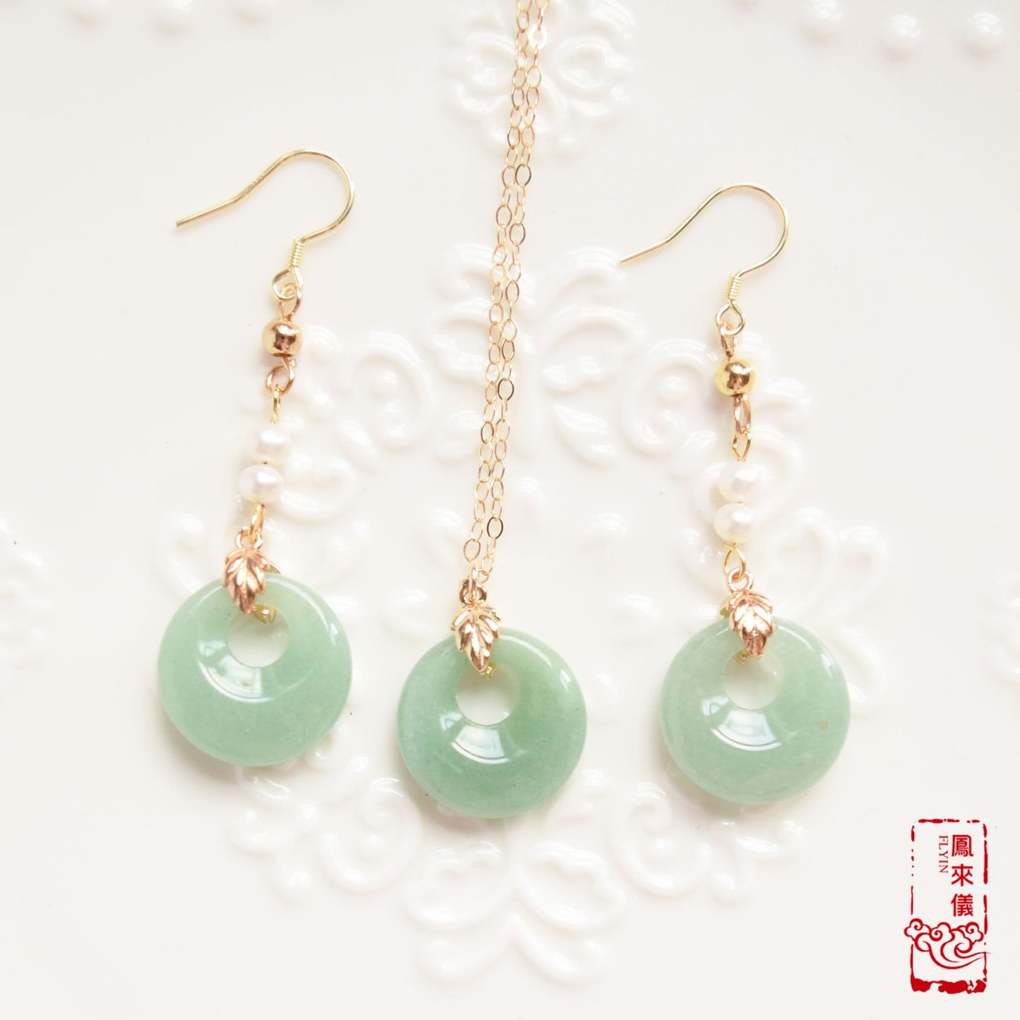 Jade Peace Buckle Necklace- Green Aventurine / White Quartz Jade - Stainless Steel Chain