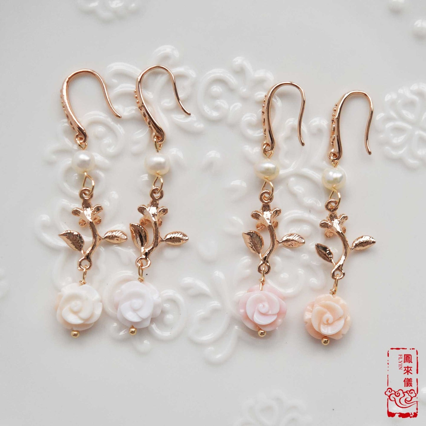 Queen Conch Shell Rose Earrings: Pink Flower Pearl Gold Earrings