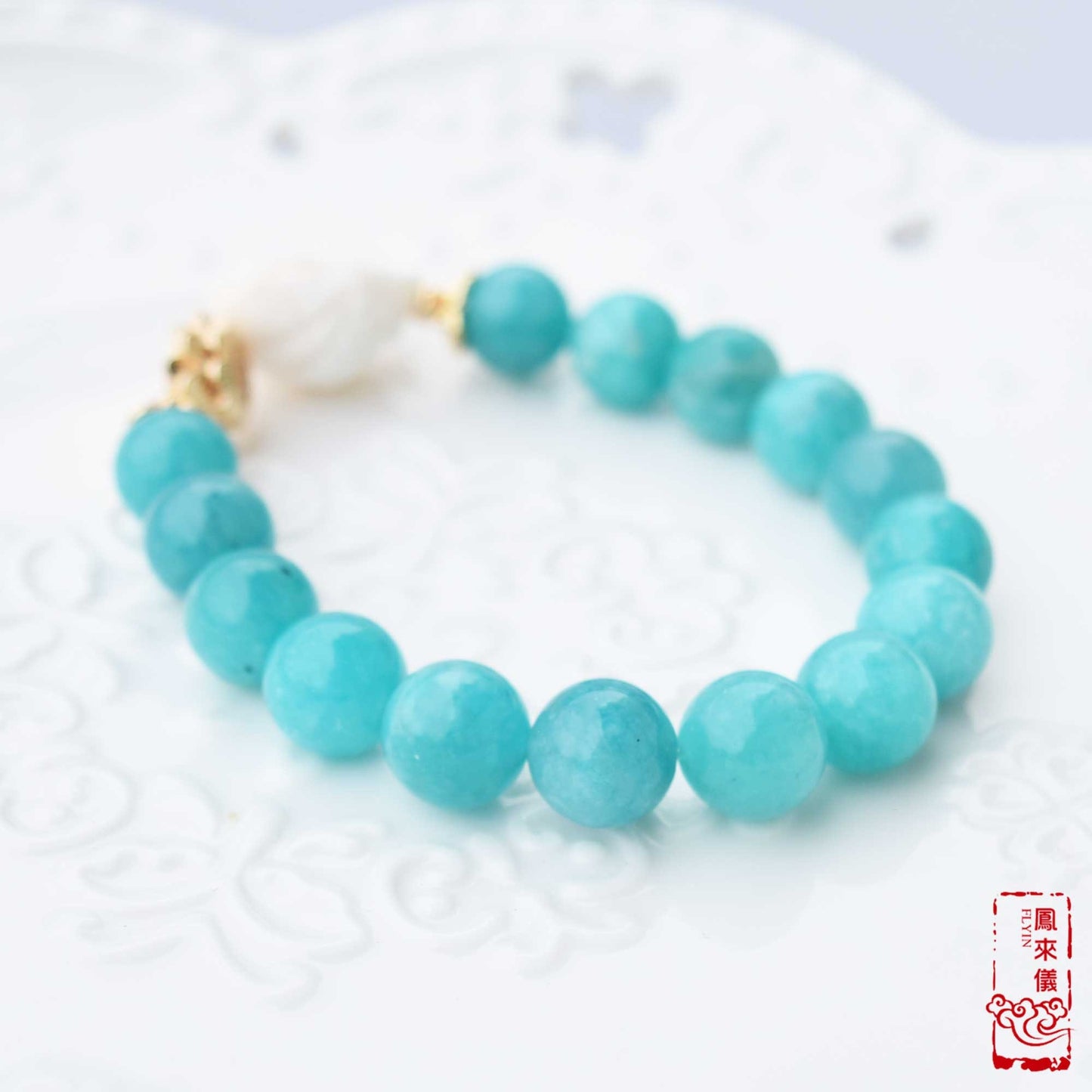Amazonite Bracelet: Natural Queen Conch Mermaid Charm, Gold-Plated Brass