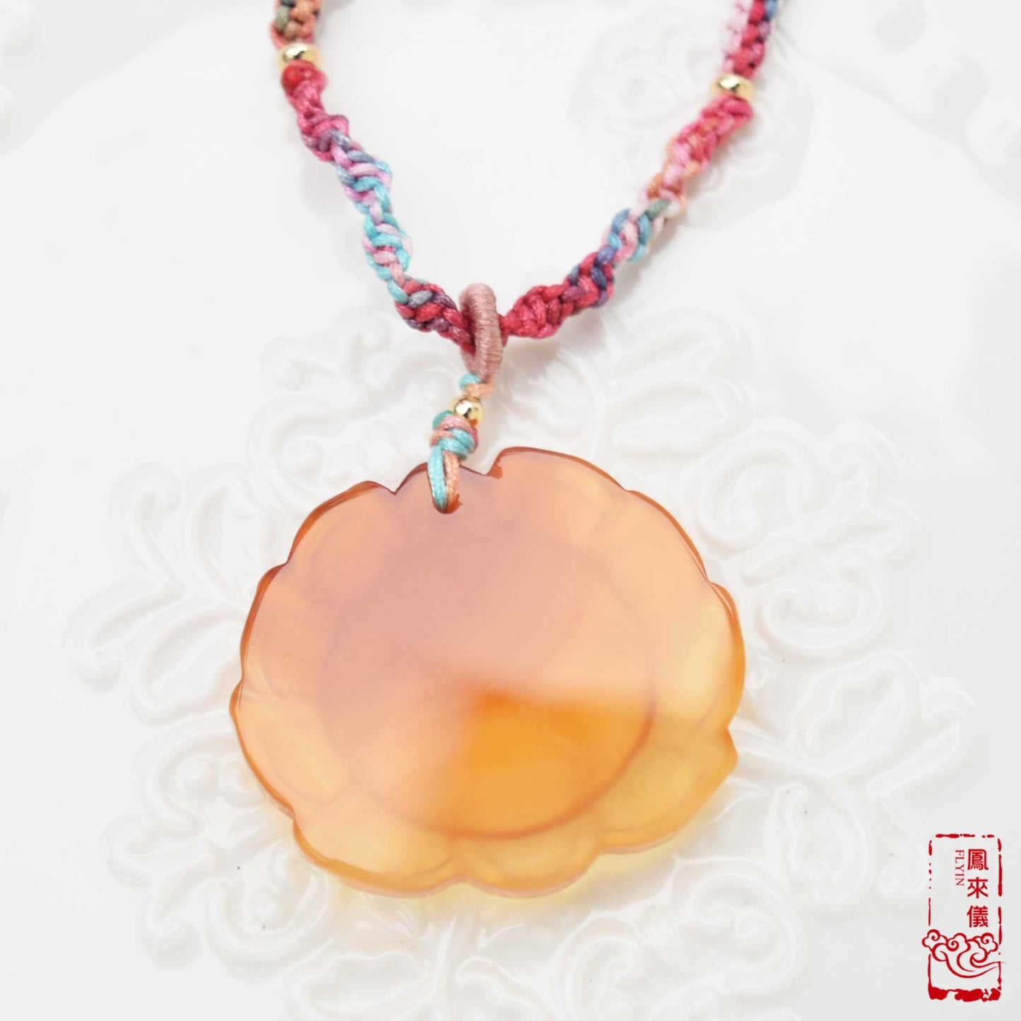 Orange Agate Lotus Necklace - Flower Pendant Braided Necklace