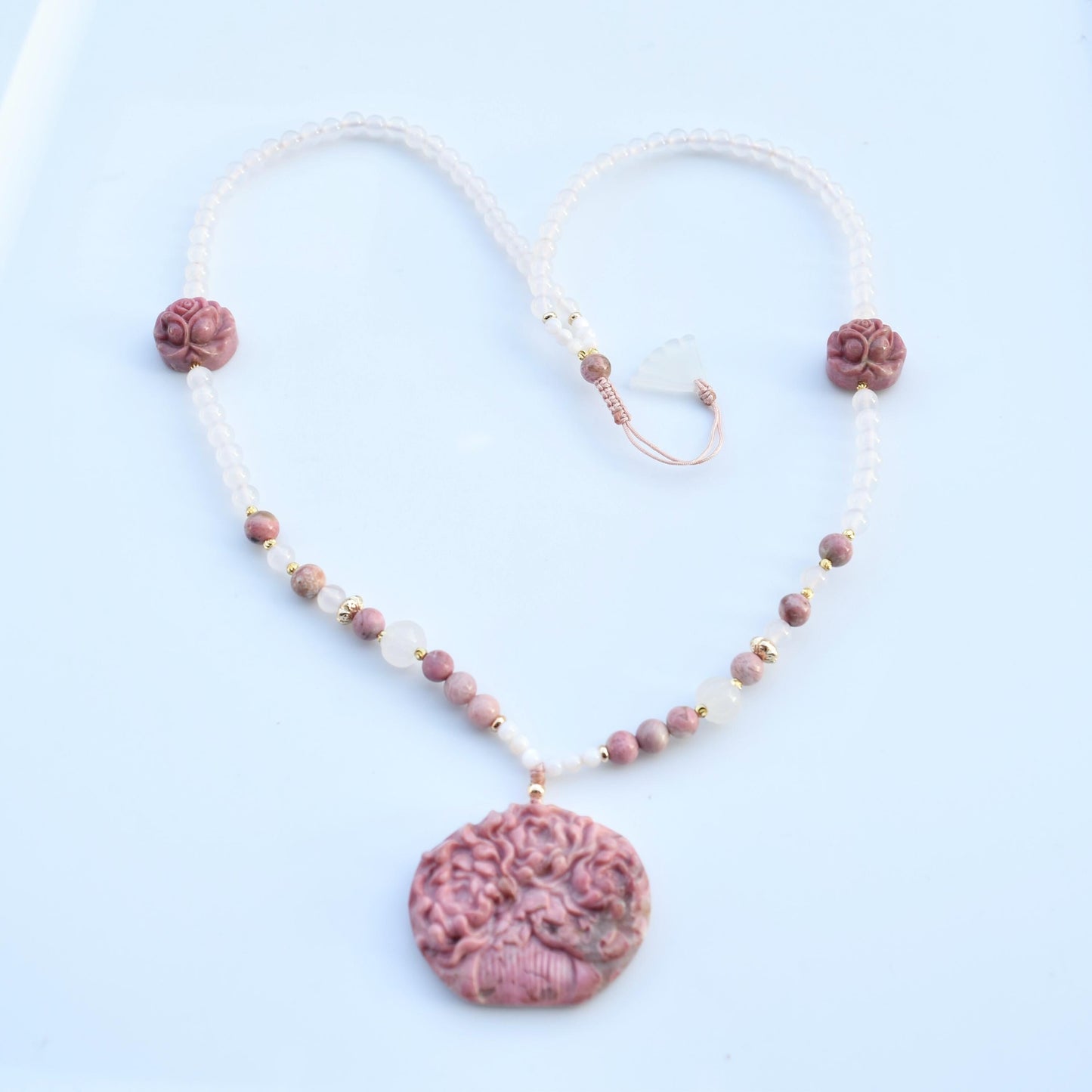 Pink Rhodonite Flower Comb Pendant Necklace