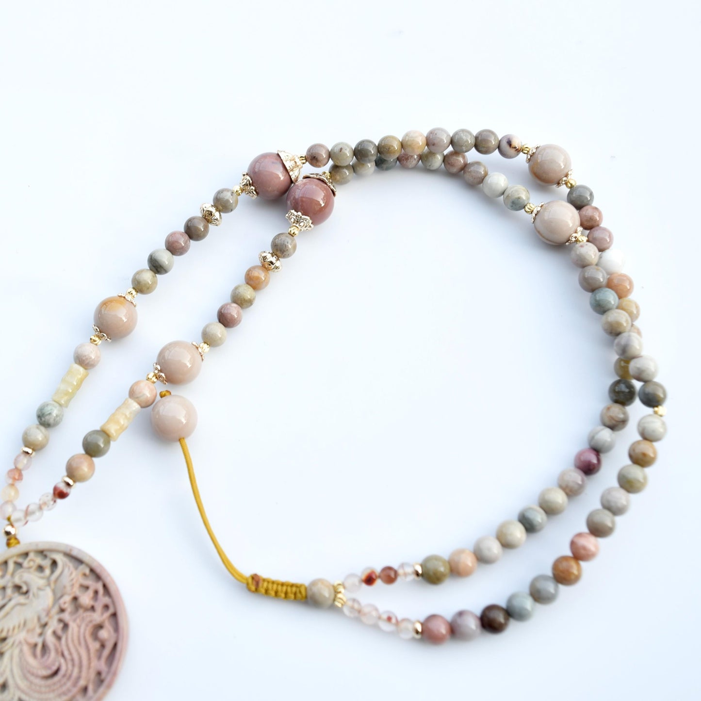 Beige Jasper Phoenix Pendant Tassel Necklace - Colorful Agate Necklace