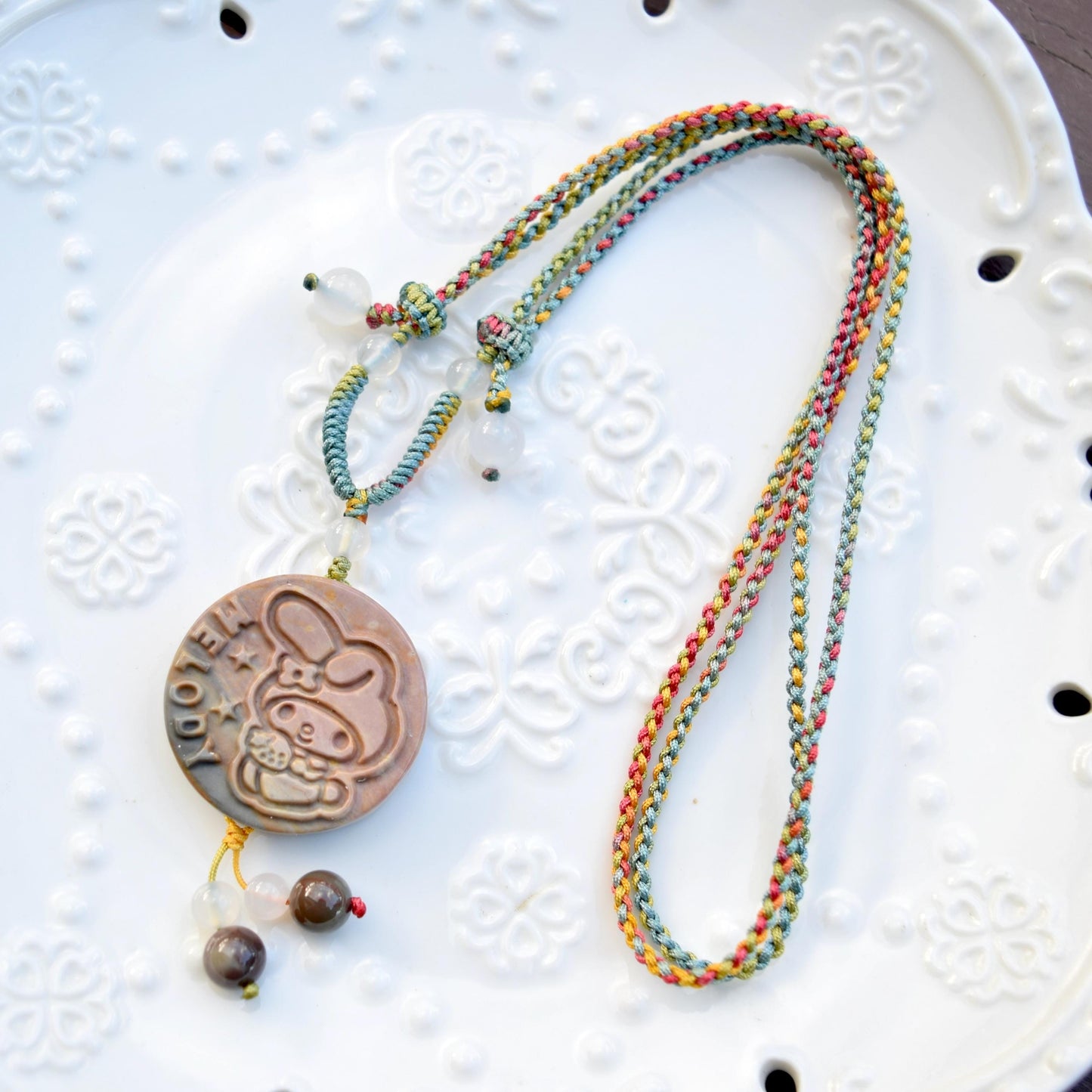 Colorful Melody Rabbit Pendant Braided Necklace - Ocean Jasper 海洋石 - Adjustable Rope Necklace
