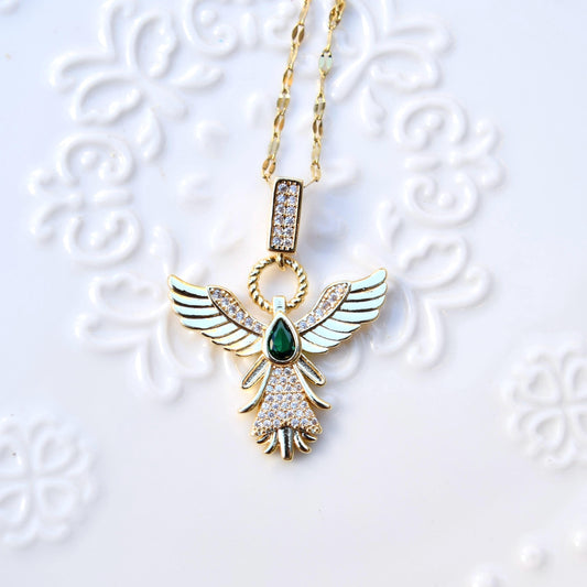 Diamond Angel Pendant Necklace - Cubic Zirconia Stainless Steel Necklace