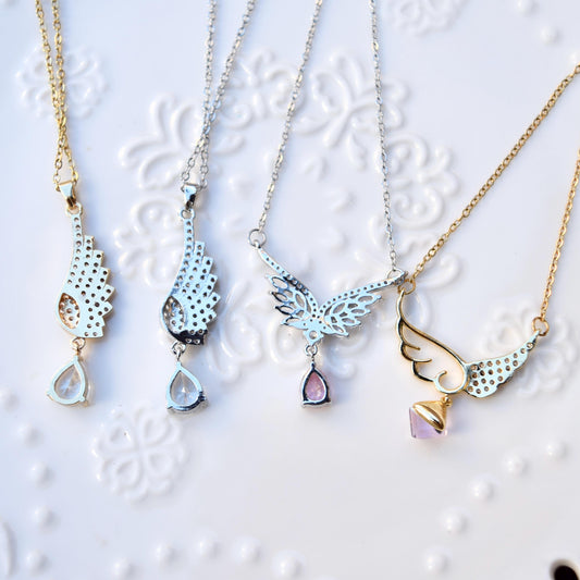 Diamond Angel Wings Pendant Necklace - Cubic Zirconia Stainless Steel Necklace