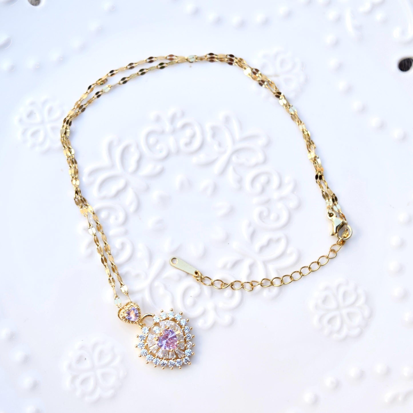 Princess Pink Crystal Charm Necklace - Heart Circle Flower