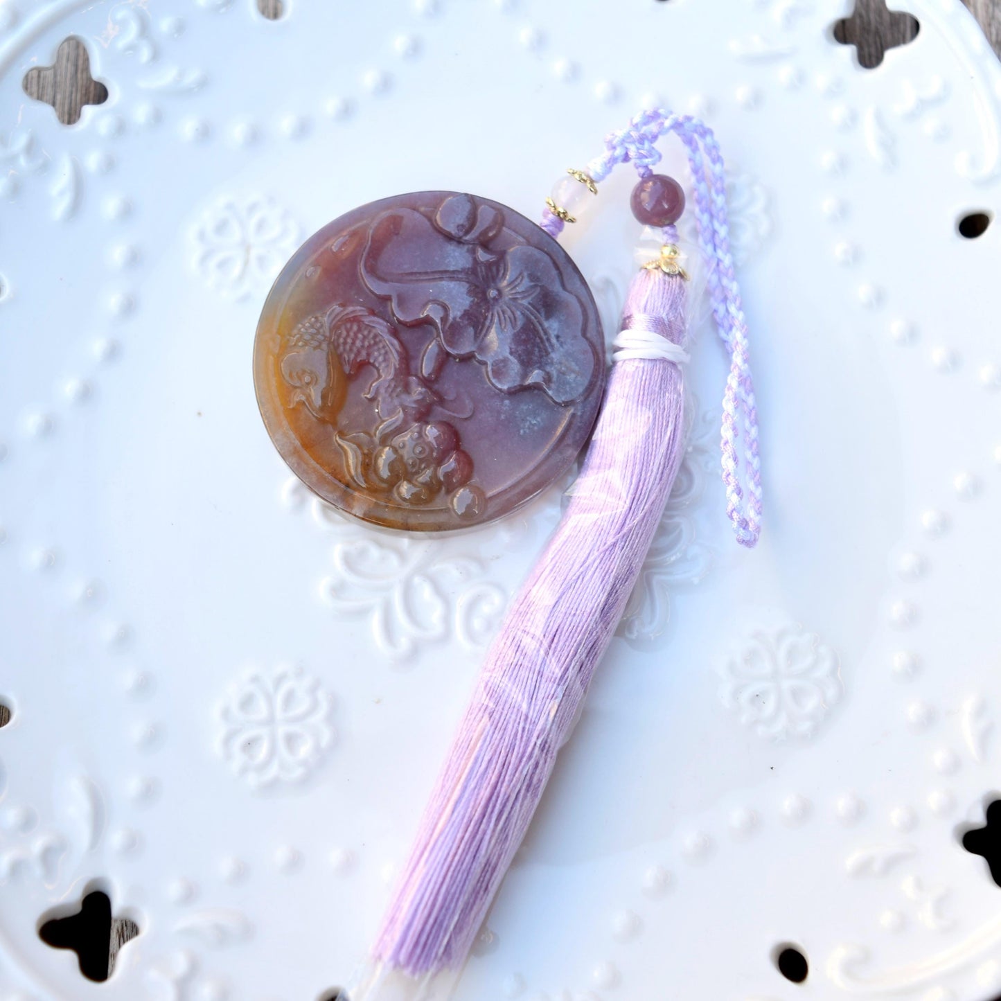 Lotus Fish Agate Pendant Tassel Accessory - Chinese Bag/Car/Waist Hanging Accessory