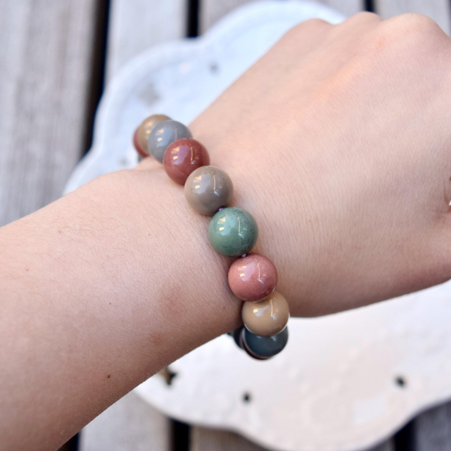 11.3 mm Colorful Agate Beaded Bracelet - Pink A08