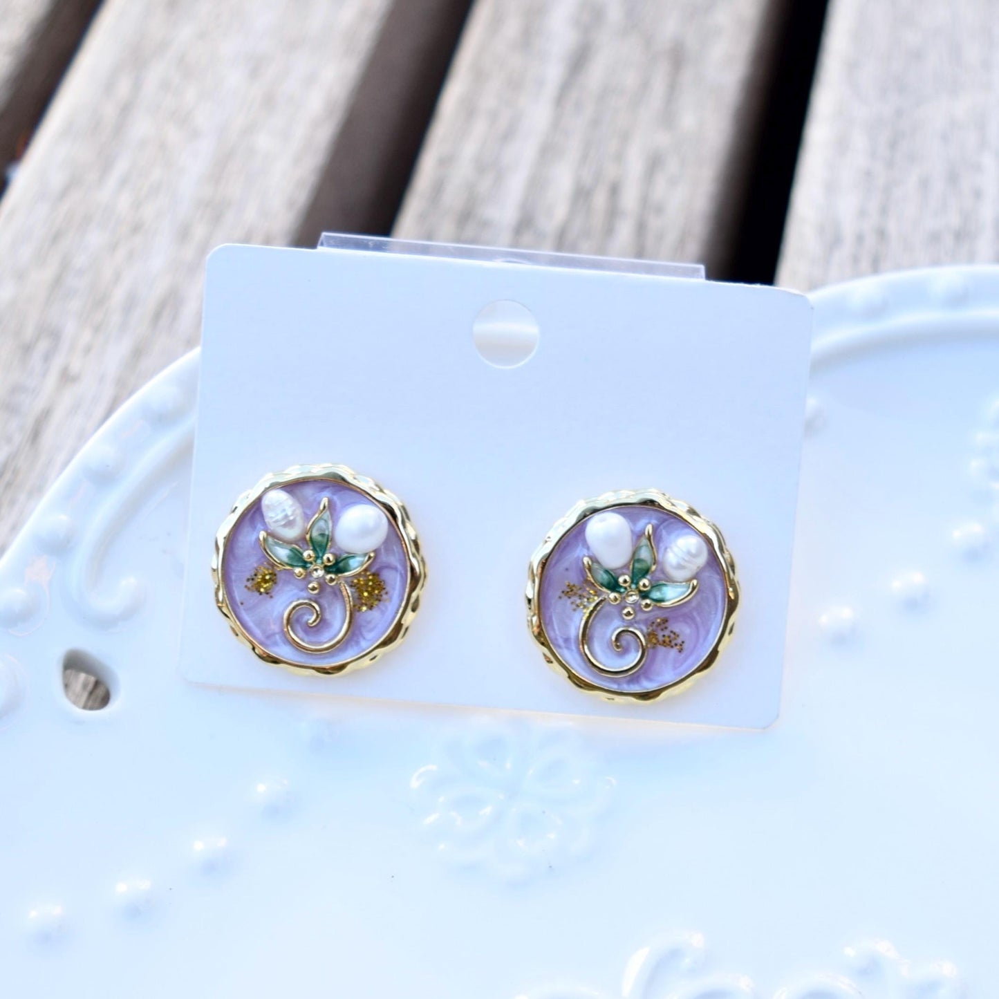 Purple Flora Stud Earrings - Vintage Style Enamel Earrings