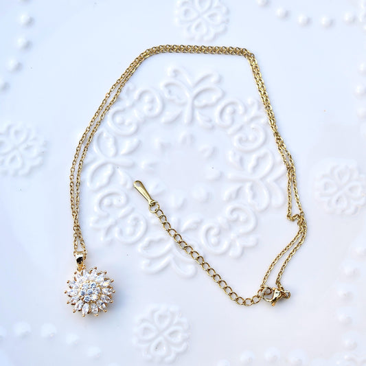 White Crystal Sunflower Rotating Pendant Necklace - CZ Diamond Stainless Steel Necklace