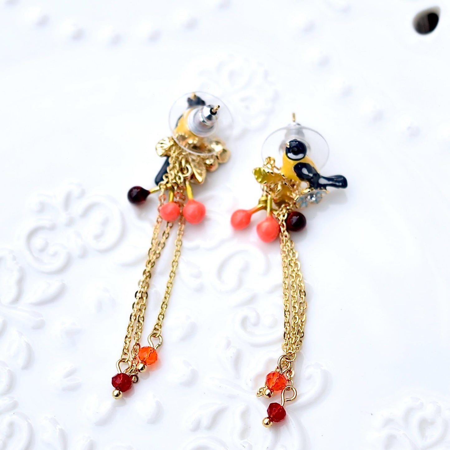 Blue Bird Tassel Earrings - Vintage Style Enamel Earrings