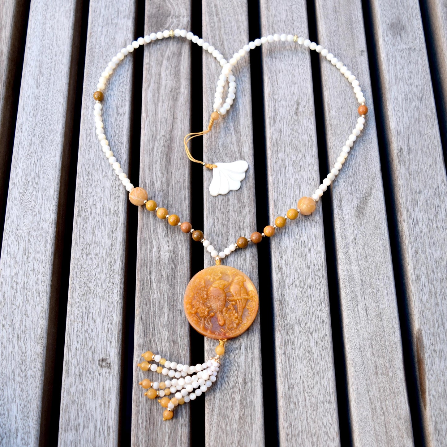 Bird Plum Blossom Pendant Shell Necklace - Yellow Aventurine Quartz Jade