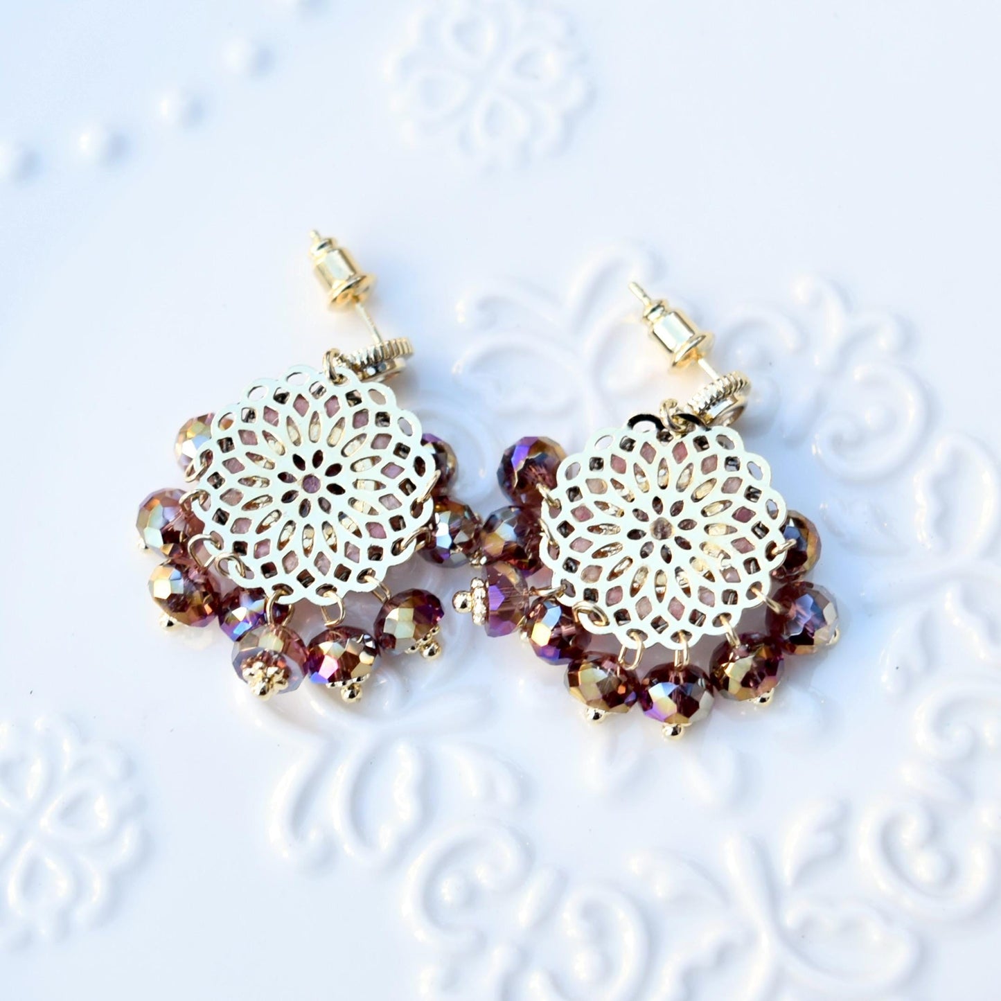 Dreamcatcher Purple Pink Crystals Stones Earrings