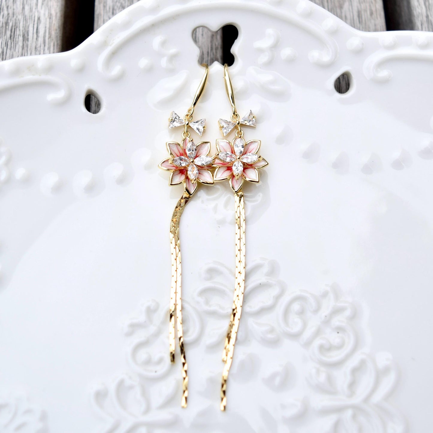 Red Flower Tassel Earrings - Asian Style Enamel Earrings