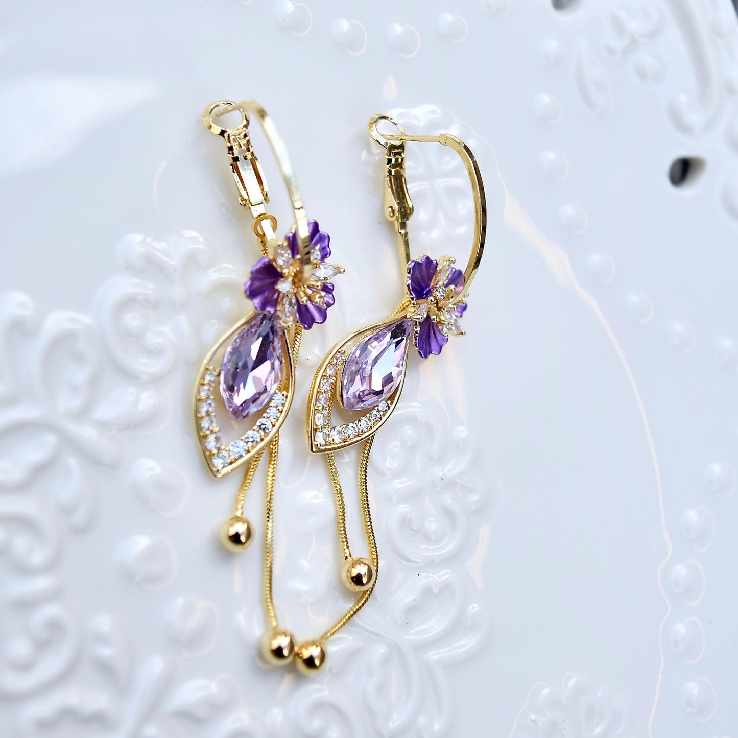 Purple Flower Tassel Earrings - Asian Style Enamel Earrings